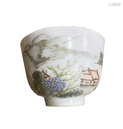 A QIANJIANGCAI 'LANDSCAPE' PORCELAIN CUP