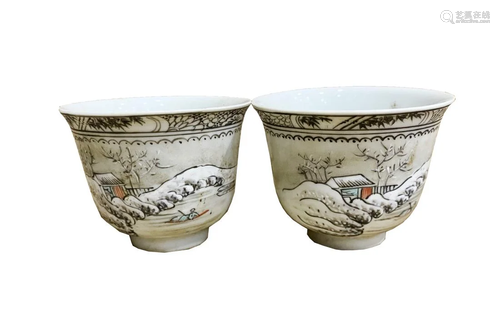 PAIR OF INK GLAZED 'LANDSCAPE' PORCELAIN CUPS