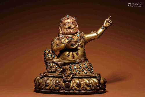 GILT BRONZE GEMSTONE INLAID STATUE OF MAHASIDDHA