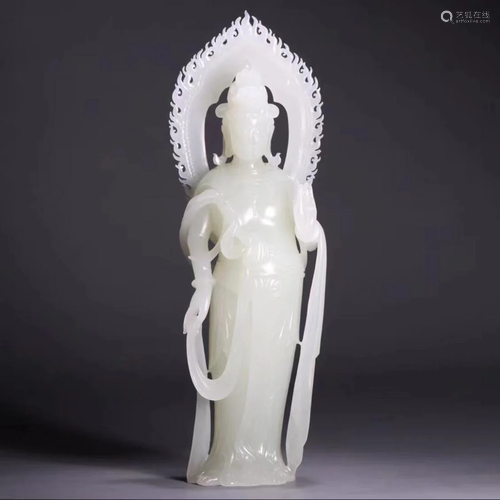 CHINESE WHITE JADE CARVING GUANYIN FIGURINE