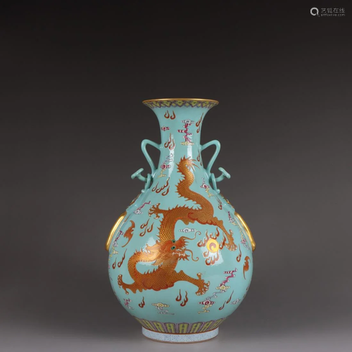 TURQUOISE GROUND IRON-RED GLAZED DRAGON VASE