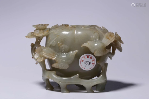 JADE CARVING 'BIRD AND FLOWER' WATER POT