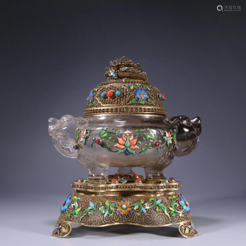 SILVER-FILLIGREED ENAMELED CRYSTAL CENSER