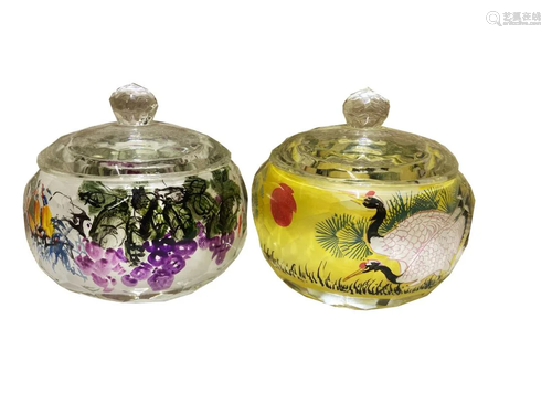 PAIR OF INNER PAINTING GLASS TEA JARS WITH LIDS