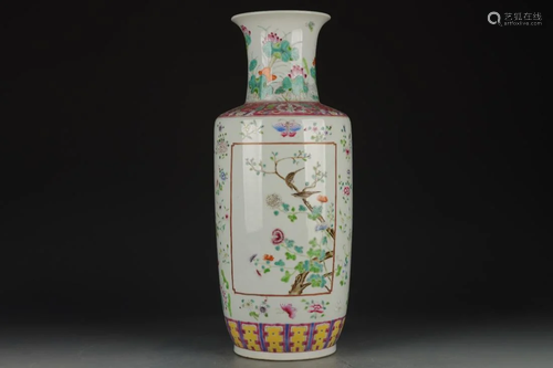 FAMILLE ROSE 'BIRD AND FLOWER' ROULEAU VASE