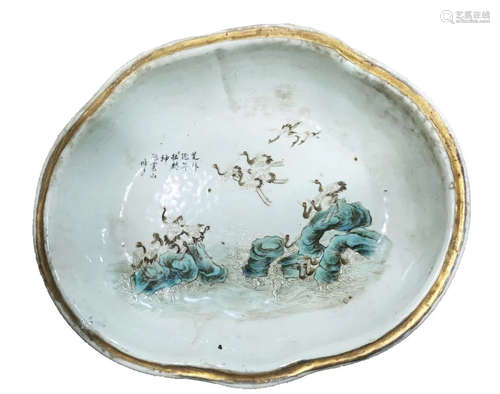 A FAMILLE ROSE 'CRANES AT SEA' PORCELAIN BASIN