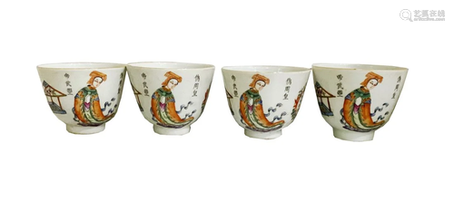 FOUR FAMILLE ROSE FIGURE MOTIF BOWLS