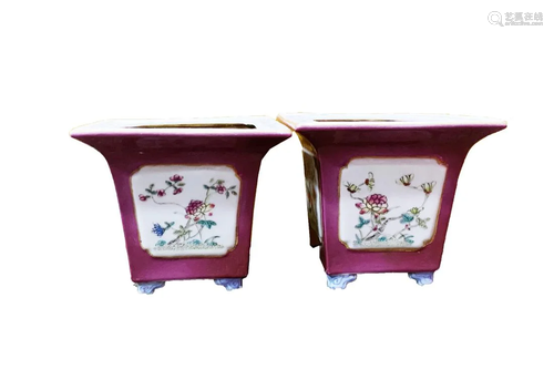 PAIR OF CORAL RED FAMILLE ROSE FLORAL SQUARE POTS