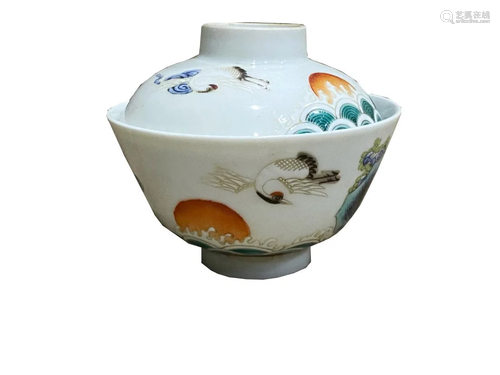 A FAMILLE ROSE 'CRANES AT SEA' BOWL AND COVER