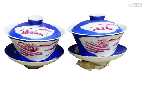 PAIR OF BLUE GROUND COREL RED TEA BOWLS AND COVERS