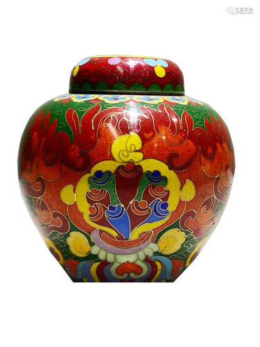 A CLOISONNE BUDDHISM TEA CANISTER WITH COVER