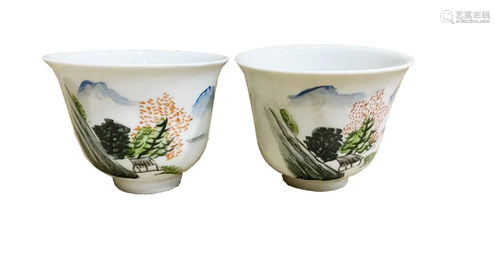 PAIR OF FAMILLE ROSE 'LANDSCAPE' PORCELAIN CUPS