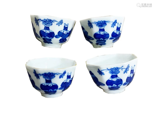 SET OF FOUR BLUE AND WHITE HEXAGONAL BOWLS