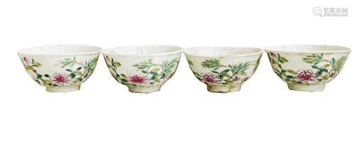 FOUR FAMILLE ROSE PEONY MOTIF BOWLS