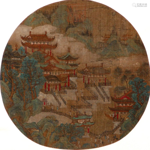 ROUND FAN LEAF PAINTING OF PAVILIONS, ANONYMOUS