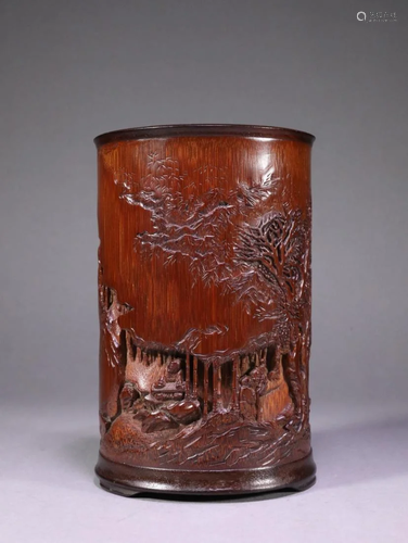 BAMBOO CARVING 'SCHOLARS' GATHERING' BRUSH POT