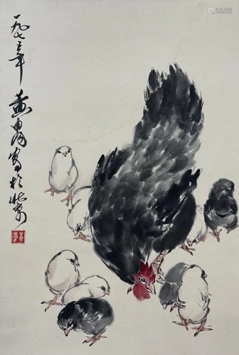 CHINESE PAINTING OF ROOSTER AND CHICKS, HUANG ZH…