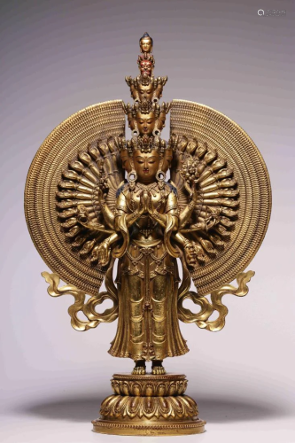 GILT BRONZE FIGURINE OF THOUSANDS-HANDS GUANYIN