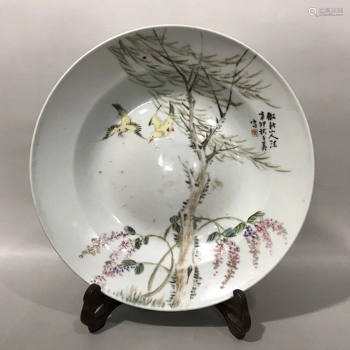 QIANJIANGCAI 'BIRD AND FLOWER' PORCELAIN PLATE