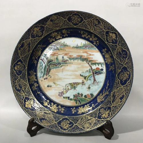 SNOWFLAKE BLUE GLAZED GOLD-PAINTED PORCELAIN PLATE