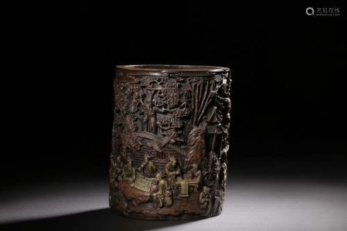 CHINESE GILT BRONZE FIGURES BRUSH POT