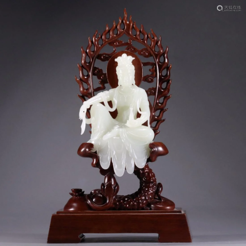 CHINESE WHITE JADE CARVING OF GUANYIN ON WOOD…