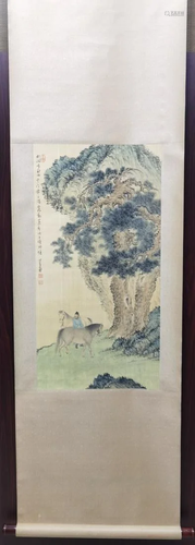 CHINESE PAINTING OF SCHOLAR AND HORSES, PU RU