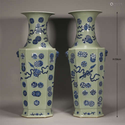Pair Celadon Ground and Underglaze Blue Vases Kangxi Style