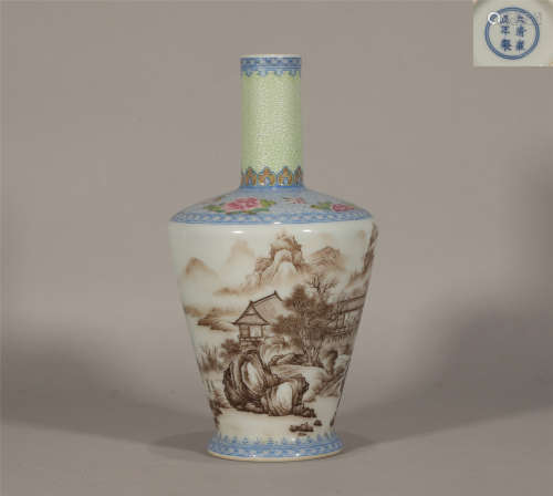 Enamel landscape figure bottle in Qing Dynasty.