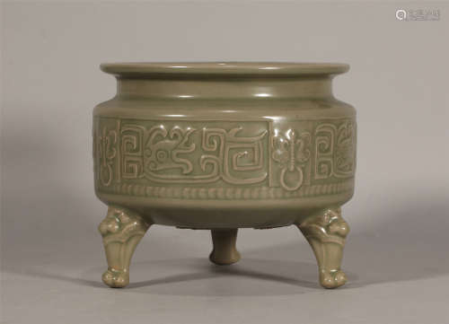 Five Dynasties Yue Kiln Celadon Carving Three-legged Incense...