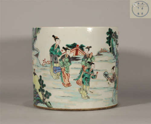 Kangxi multicolored character pen holder in Qing Dynasty.