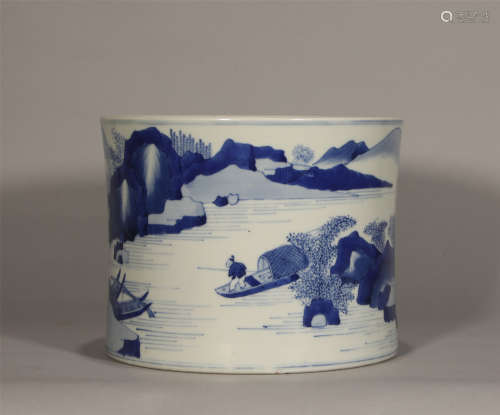 Qing Dynasty Kangxi blue and white landscape character pen h...