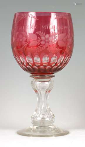 A LARGE LATE 19TH CENTURY RUBY GLASS PRESENTATION GOBLET INS...