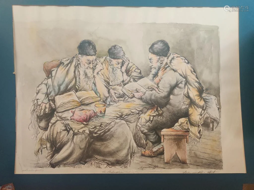 Jewish Water Color lithograph,Signed