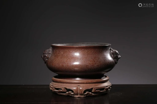 Chinese Bronze Censer w Silver Inlaid