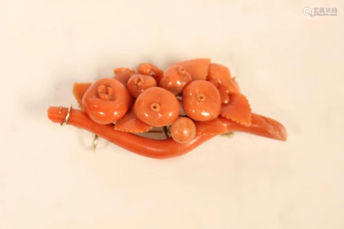 Fruit Shape Coral Brooch w Gold Mount