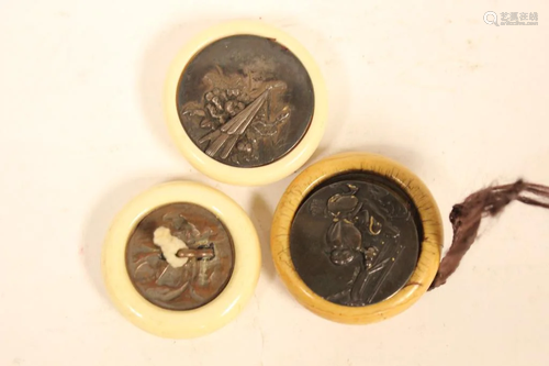 Three Japanese Mixed Metal Carving w Bone