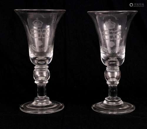 A PAIR OF EDWARD VIII COMMEMORATIVE WINE GLASSES OF LARGE SI...