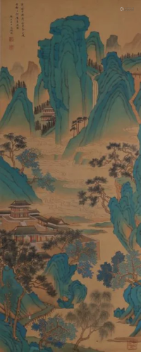 Chinese Ink Color Silk Painting w Calligraphy