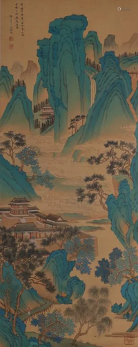 Chinese Ink Color Silk Painting w Calligraphy