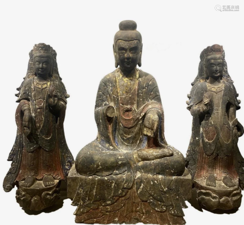 Three Chinese Stone Carved Guanyin Statue
