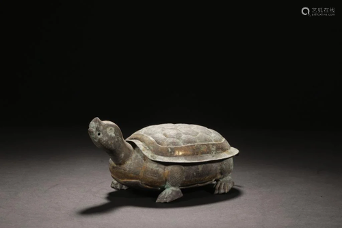 Chinese Bronze Turtle w Silver and Gold Inlaid