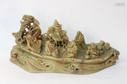 Chinese Soapstone Carved Boat&Immortal