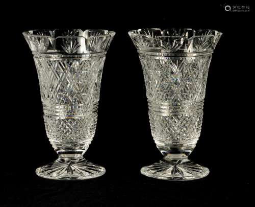 A GOOD PAIR OF WATERFORD CUT CRYSTAL TRUMPET-SHAPED FOOTED V...