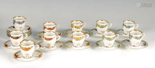 A SET OF TEN ART NOUVEAU KPM PORCELAIN COFFEE CUPS AND SAUCE...