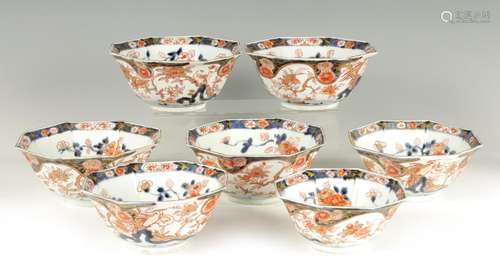 A SUITE OF SEVEN 18TH CENTURY IMARI DEEP OCTAGONAL BOWLS