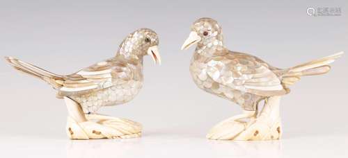 † A PAIR OF 19TH CHINESE MOTHER-OF-PEARL AND IVORY BIRD-FORM...