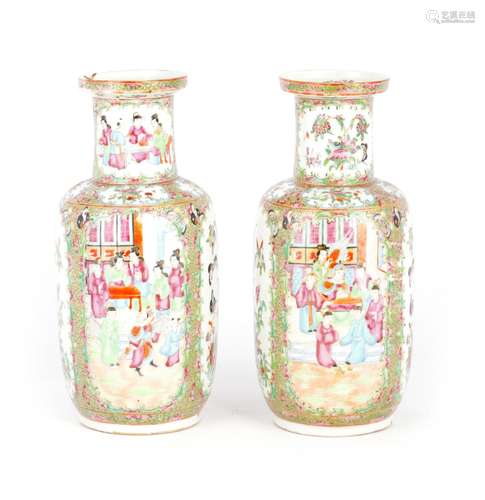 A PAIR OF 19TH CENTURY CHINESE CANTON PORCELAIN VASES WITH S...