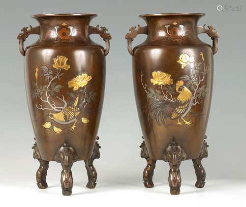 A FINE PAIR OF MEIJI PERIOD BRONZE AND MIXED METAL COCKEREL ...