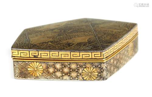 A JAPANESE MEIJI PERIOD GOLD INLAID IRON LIDDED BOX BY KOMAI